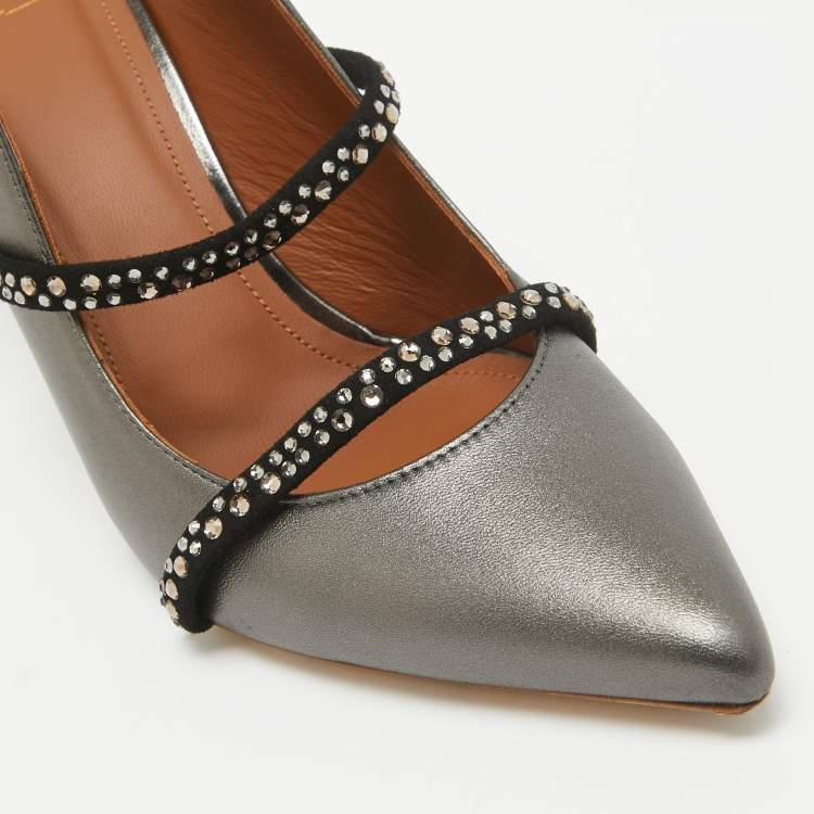 Pre Owned Malone Souliers Grey/Black Leather and Suede Crystal Embellished Maureen Mules Size 41