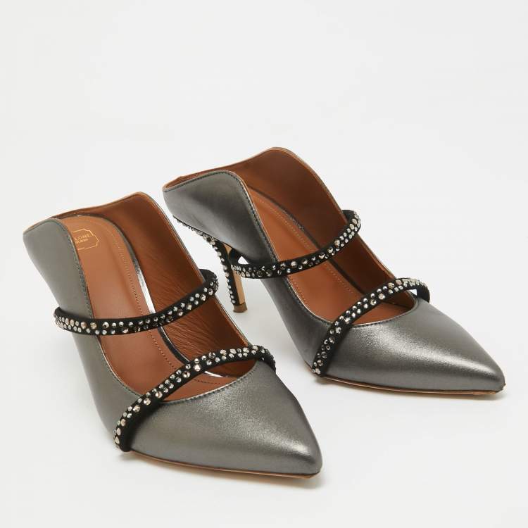 Pre Owned Malone Souliers Grey/Black Leather and Suede Crystal Embellished Maureen Mules Size 41