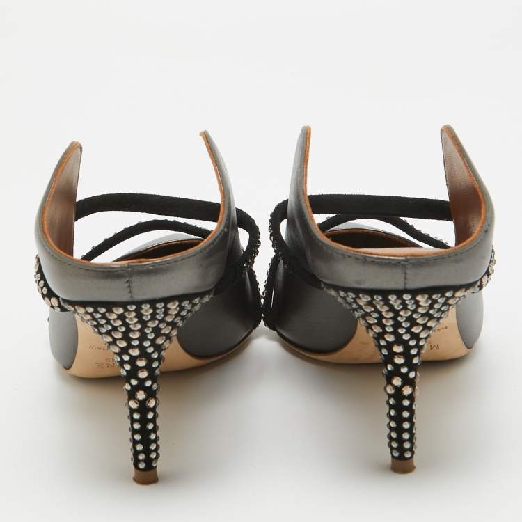 Pre Owned Malone Souliers Grey/Black Leather and Suede Crystal Embellished Maureen Mules Size 41