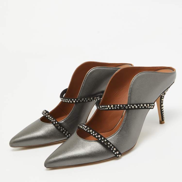 Pre Owned Malone Souliers Grey/Black Leather and Suede Crystal Embellished Maureen Mules Size 41