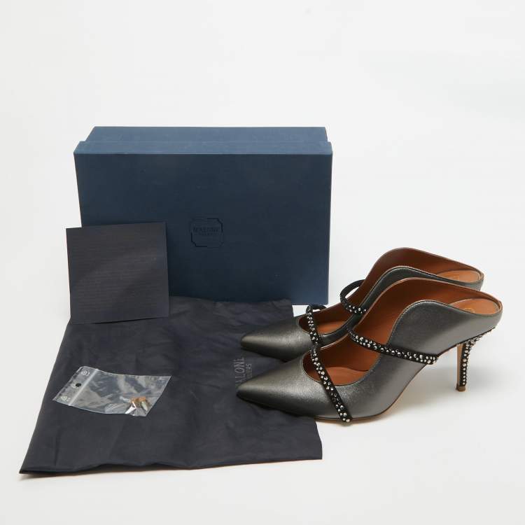 Pre Owned Malone Souliers Grey/Black Leather and Suede Crystal Embellished Maureen Mules Size 41