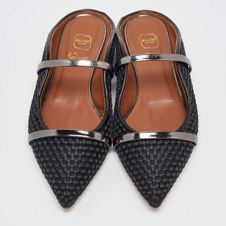 Pre Owned Malone Souliers Black Woven Satin and Leather Maureen Flat Mules Size 38