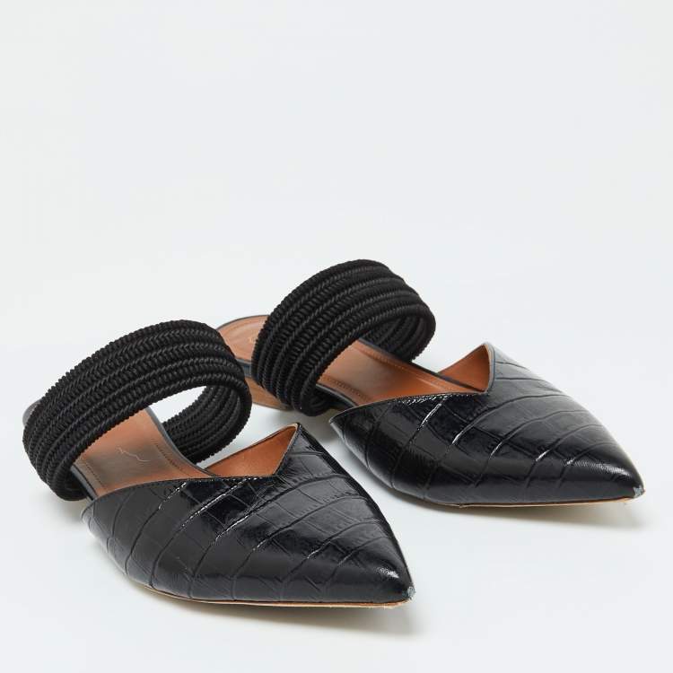 Pre Owned Malone Souliers Black Croc Embossed Leather Maisie Flat Sandals 38.5