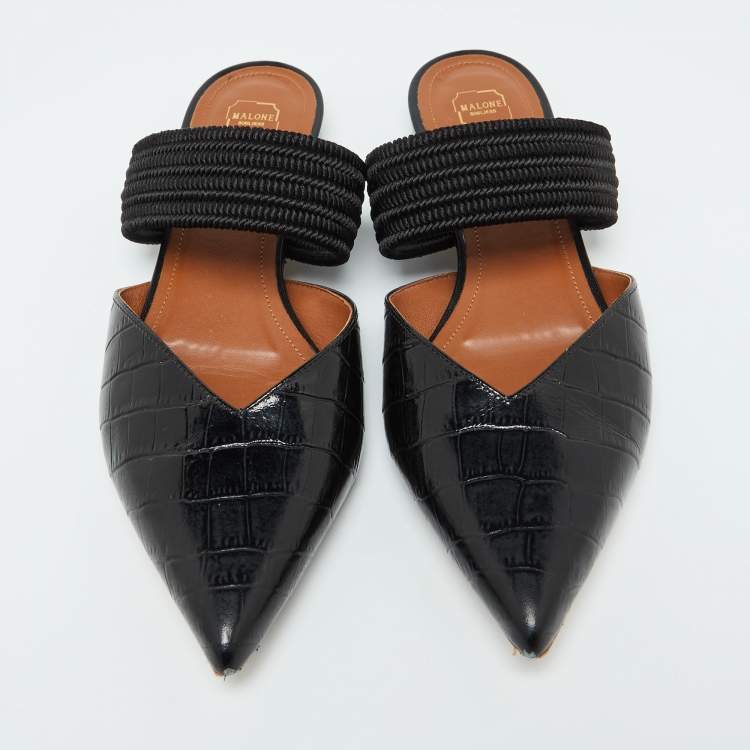 Pre Owned Malone Souliers Black Croc Embossed Leather Maisie Flat Sandals 38.5