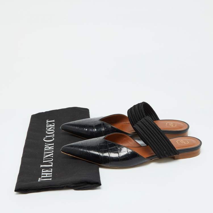 Pre Owned Malone Souliers Black Croc Embossed Leather Maisie Flat Sandals 38.5