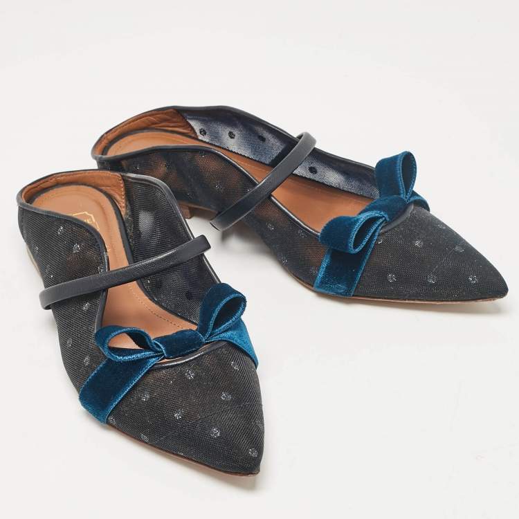 Pre Owned Malone Souliers Black/Blue Mesh and Velvet Maureen Flat Sandals Size 35