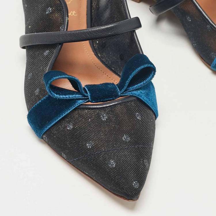 Pre Owned Malone Souliers Black/Blue Mesh and Velvet Maureen Flat Sandals Size 35