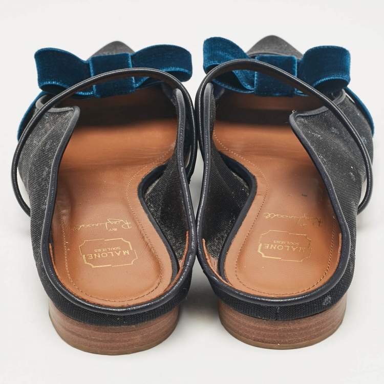 Pre Owned Malone Souliers Black/Blue Mesh and Velvet Maureen Flat Sandals Size 35