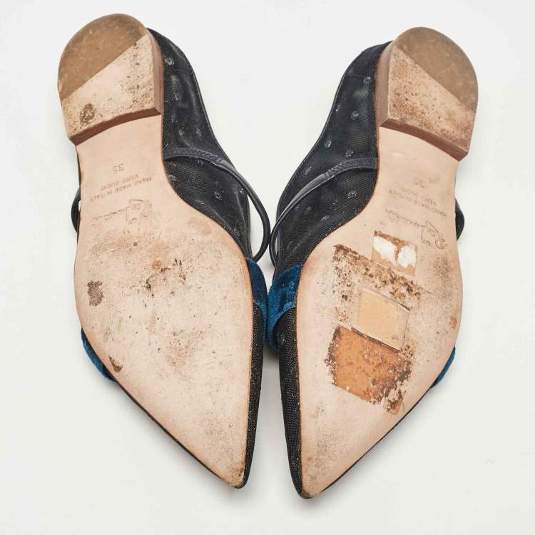Pre Owned Malone Souliers Black/Blue Mesh and Velvet Maureen Flat Sandals Size 35