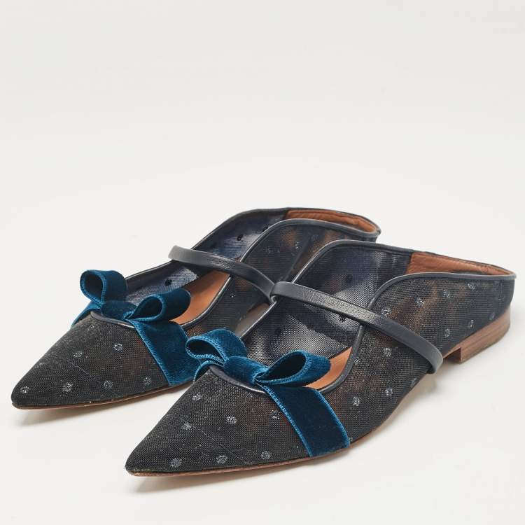 Pre Owned Malone Souliers Black/Blue Mesh and Velvet Maureen Flat Sandals Size 35