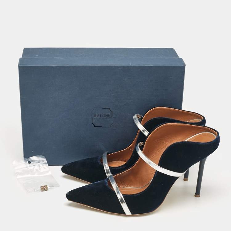 مملوكة مسبقًا Malone Souliers Navy Blue/Silver Velvet and Leather Maureen Mules Size 41