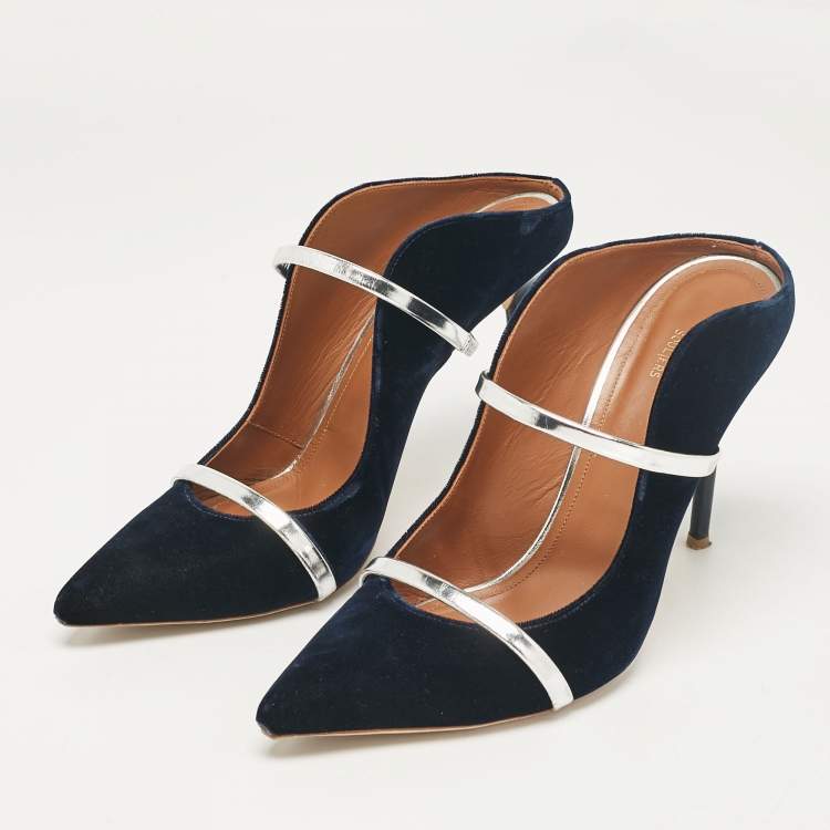 مملوكة مسبقًا Malone Souliers Navy Blue/Silver Velvet and Leather Maureen Mules Size 41