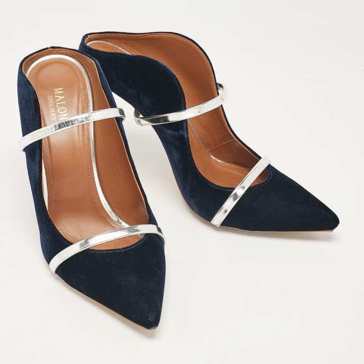 مملوكة مسبقًا Malone Souliers Navy Blue/Silver Velvet and Leather Maureen Mules Size 41