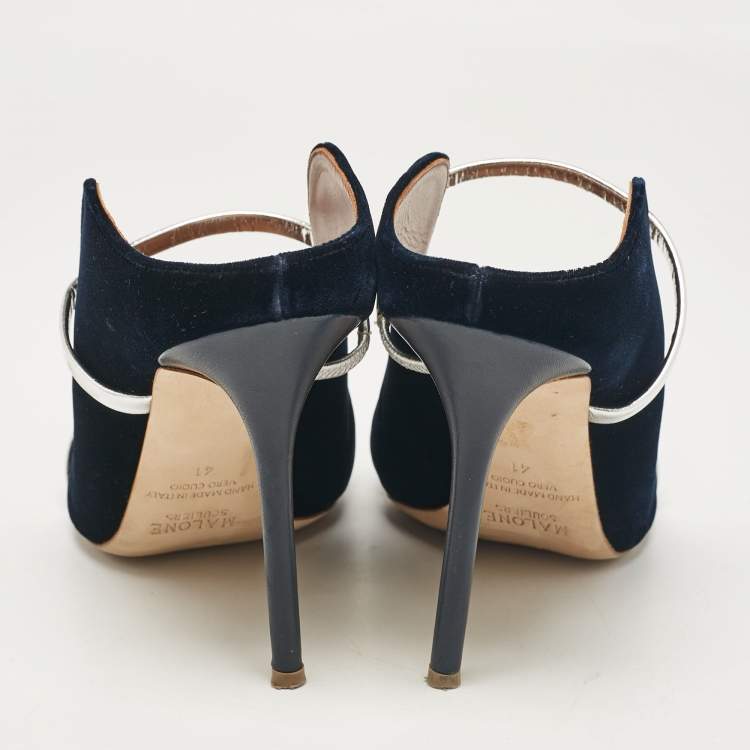 مملوكة مسبقًا Malone Souliers Navy Blue/Silver Velvet and Leather Maureen Mules Size 41