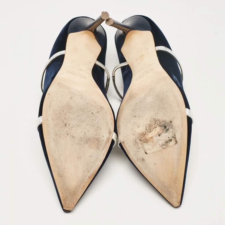 مملوكة مسبقًا Malone Souliers Navy Blue/Silver Velvet and Leather Maureen Mules Size 41