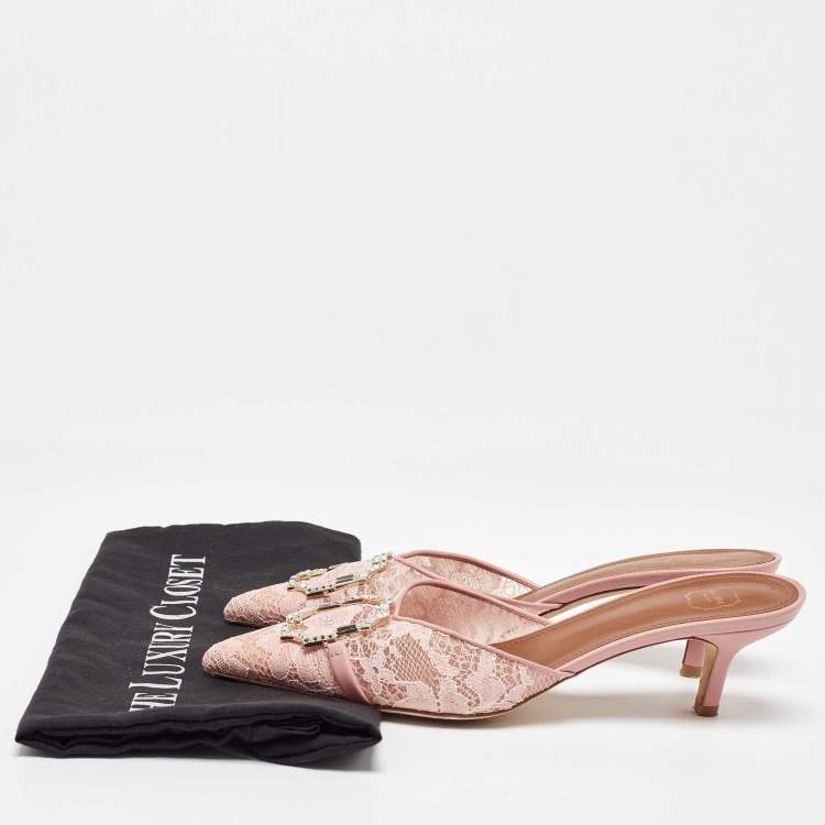 مملوكة مسبقًا Malone Souliers Pink Lace and Leather Mules Size 37.5