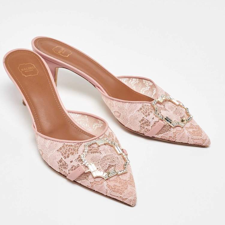 مملوكة مسبقًا Malone Souliers Pink Lace and Leather Mules Size 37.5