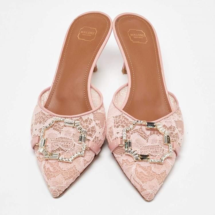 مملوكة مسبقًا Malone Souliers Pink Lace and Leather Mules Size 37.5
