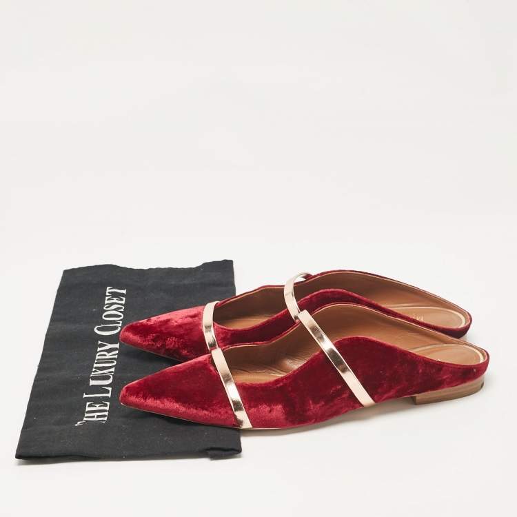 Pre Owned Malone Souliers Burgundy/Rose Gold Velvet Maureen Flat Mules Size 40