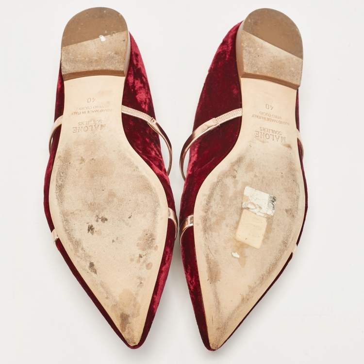 Pre Owned Malone Souliers Burgundy/Rose Gold Velvet Maureen Flat Mules Size 40