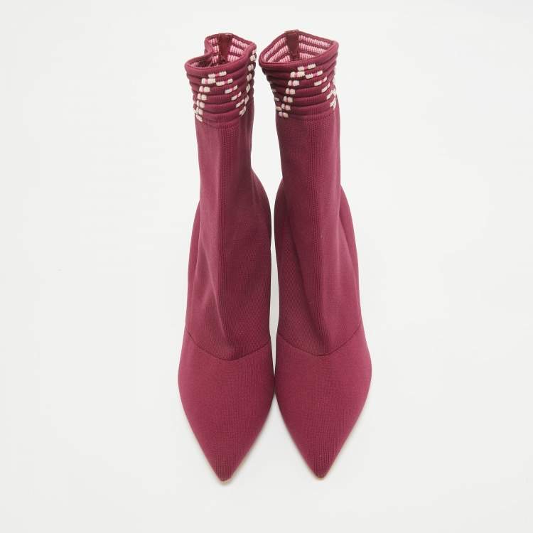 Pre Owned Malone Souliers Burgundy Knit Fabric Ankle Length Boots Size 39
