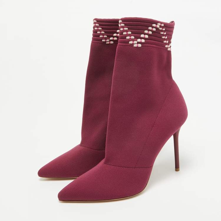 Pre Owned Malone Souliers Burgundy Knit Fabric Ankle Length Boots Size 39
