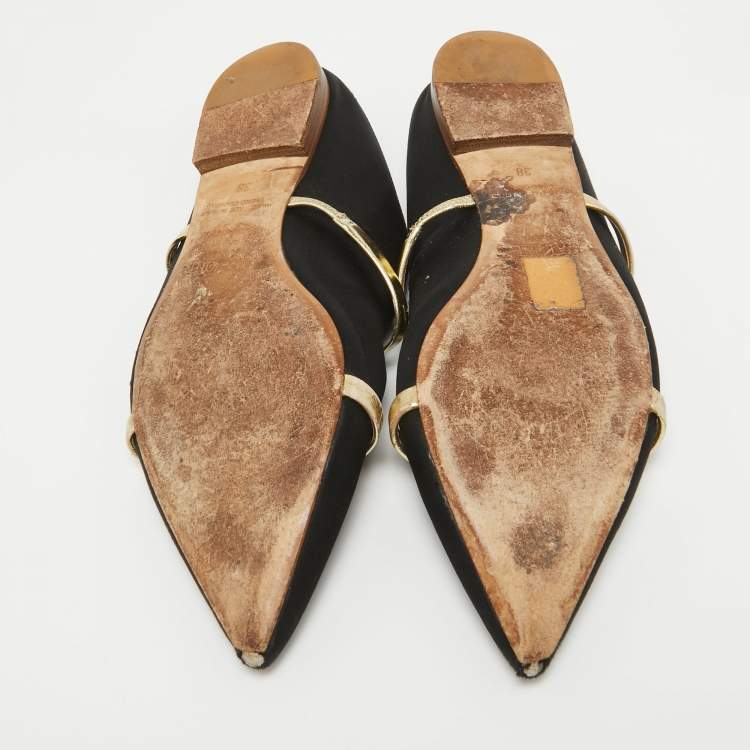 Pre Owned Malone Souliers Black/Gold Satin and Leather Maureen Flat Mules Size 38