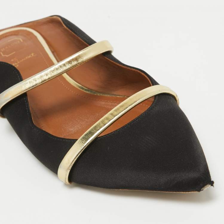 Pre Owned Malone Souliers Black/Gold Satin and Leather Maureen Flat Mules Size 38