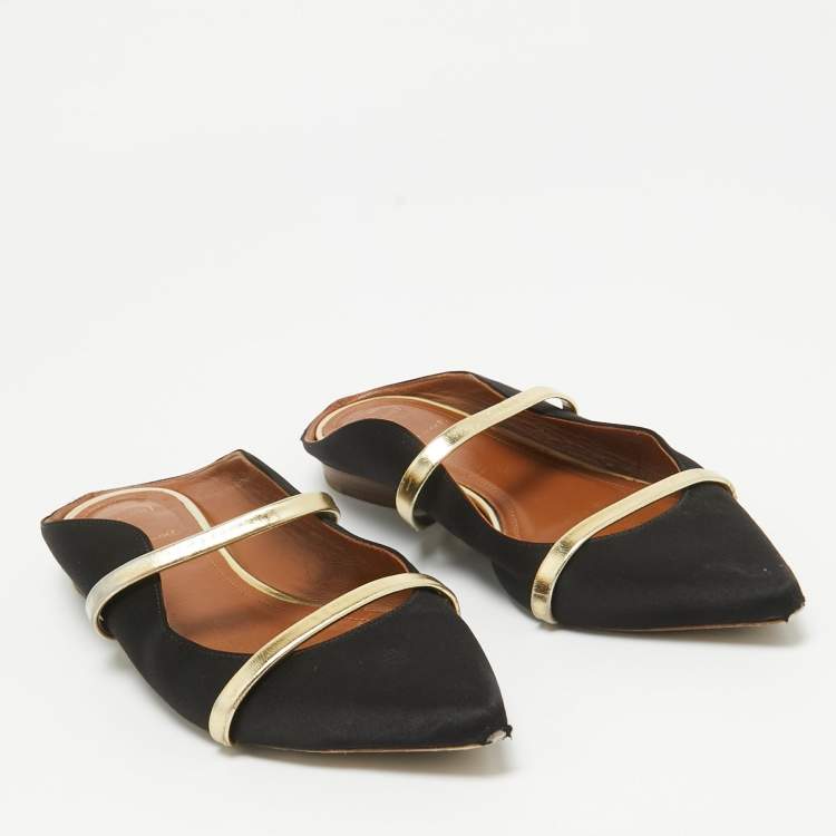 Pre Owned Malone Souliers Black/Gold Satin and Leather Maureen Flat Mules Size 38