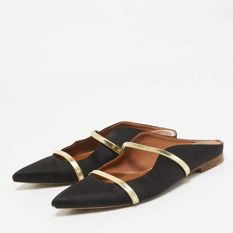Pre Owned Malone Souliers Black/Gold Satin and Leather Maureen Flat Mules Size 38