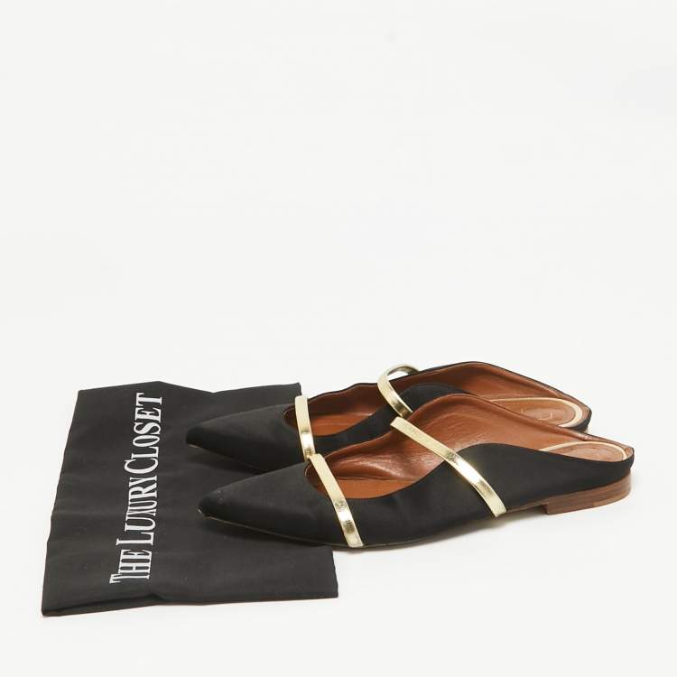 Pre Owned Malone Souliers Black/Gold Satin and Leather Maureen Flat Mules Size 38