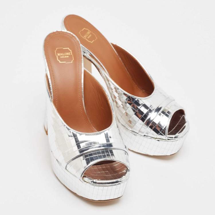 Pre Owned Malone Souliers Silver Leather Yasmine Slide Sandals Size 36