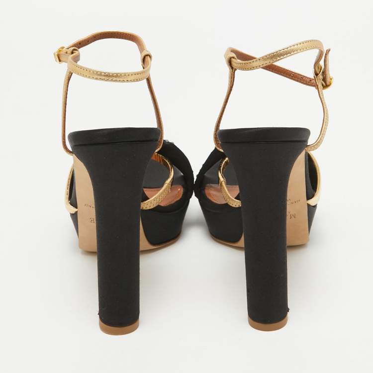 Pre Owned Malone Souliers Black/Gold Satin and Leather Lauren Crystals Sandals Size 39