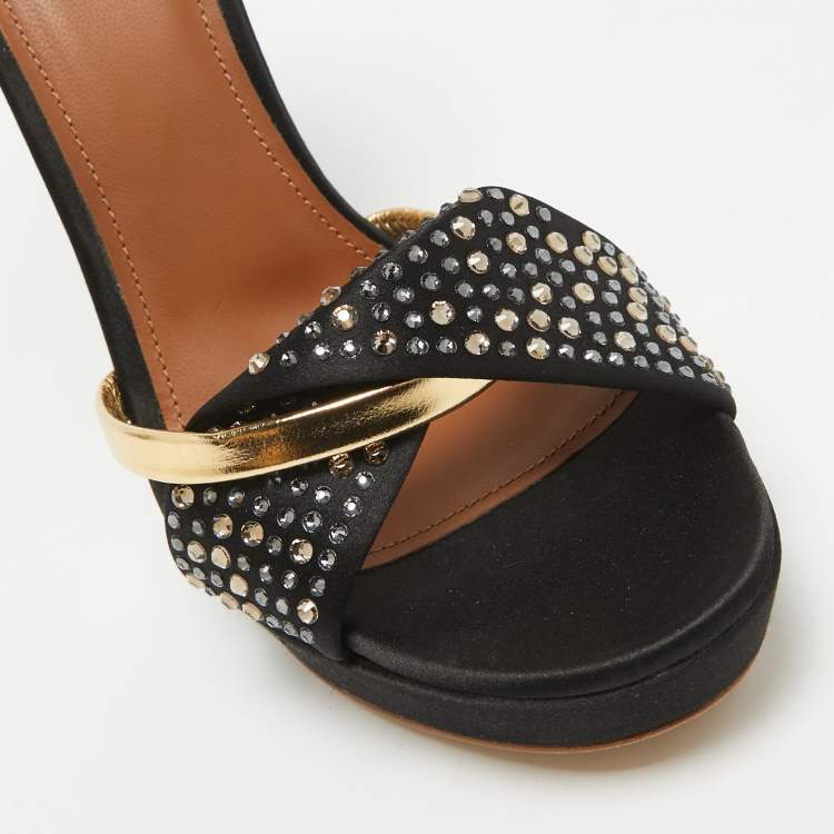 Pre Owned Malone Souliers Black/Gold Satin and Leather Lauren Crystals Sandals Size 39