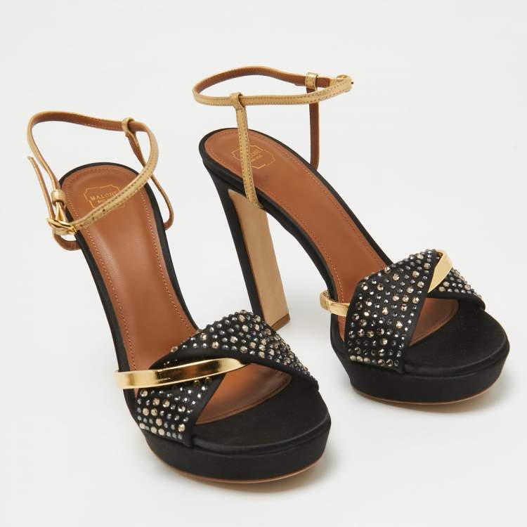 Pre Owned Malone Souliers Black/Gold Satin and Leather Lauren Crystals Sandals Size 39