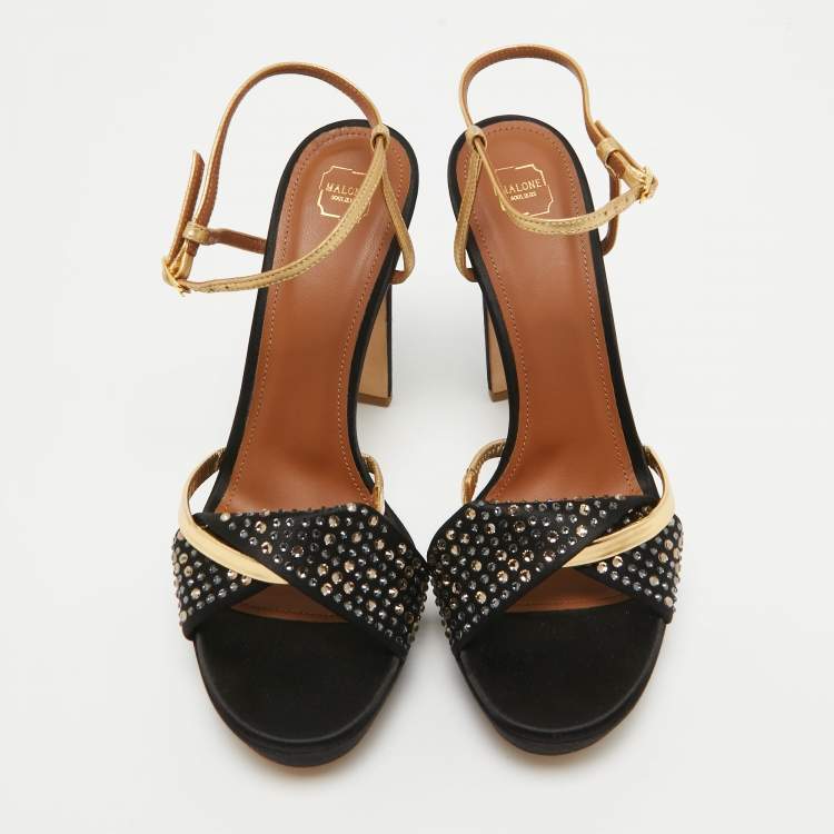 Pre Owned Malone Souliers Black/Gold Satin and Leather Lauren Crystals Sandals Size 39
