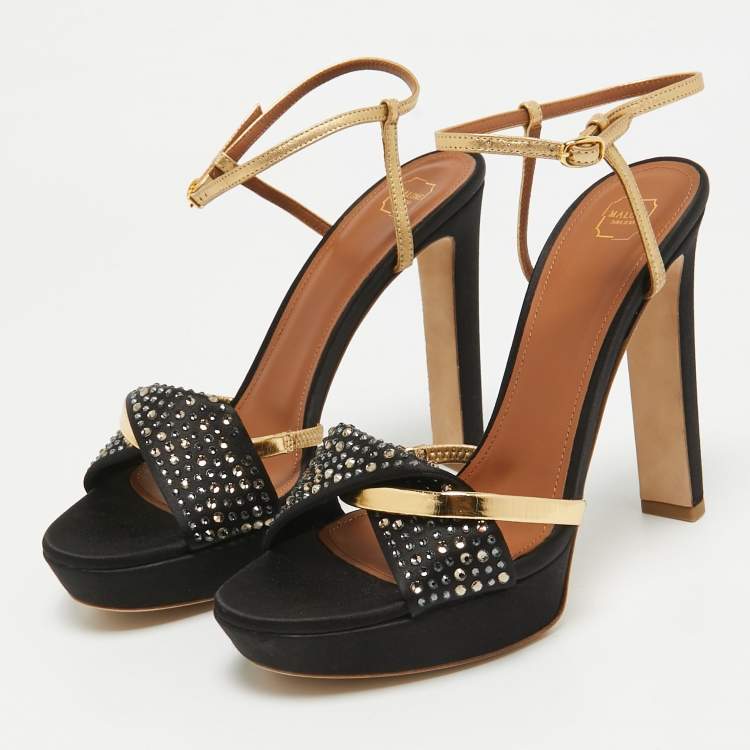 Pre Owned Malone Souliers Black/Gold Satin and Leather Lauren Crystals Sandals Size 39