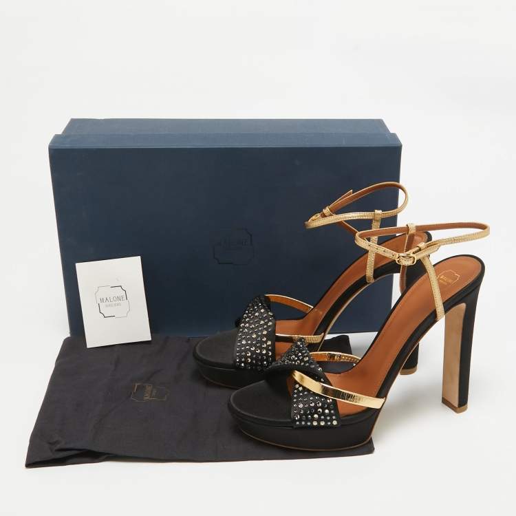 Pre Owned Malone Souliers Black/Gold Satin and Leather Lauren Crystals Sandals Size 39