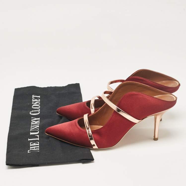 مملوكة مسبقًا Malone Souliers Burgundy/Gold Satin and Leather Maureen Mules Size 40.5