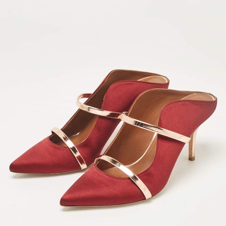 مملوكة مسبقًا Malone Souliers Burgundy/Gold Satin and Leather Maureen Mules Size 40.5