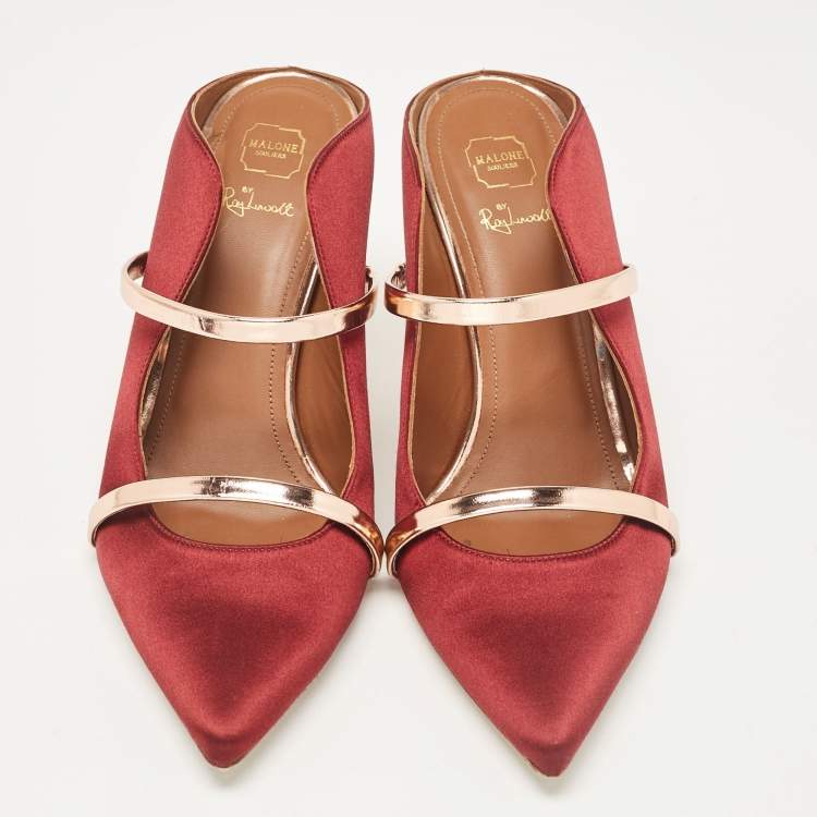مملوكة مسبقًا Malone Souliers Burgundy/Gold Satin and Leather Maureen Mules Size 40.5