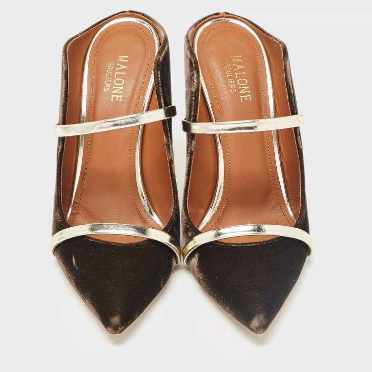 مملوكة مسبقًا Malone Souliers Brown/Gold Velvet and Leather Maureen Mules Size 39