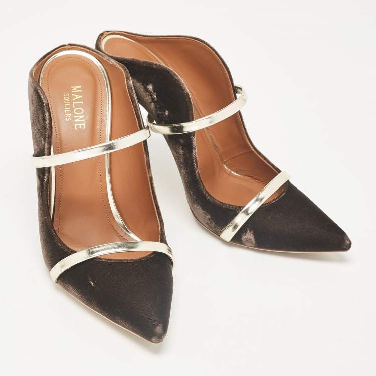 مملوكة مسبقًا Malone Souliers Brown/Gold Velvet and Leather Maureen Mules Size 39