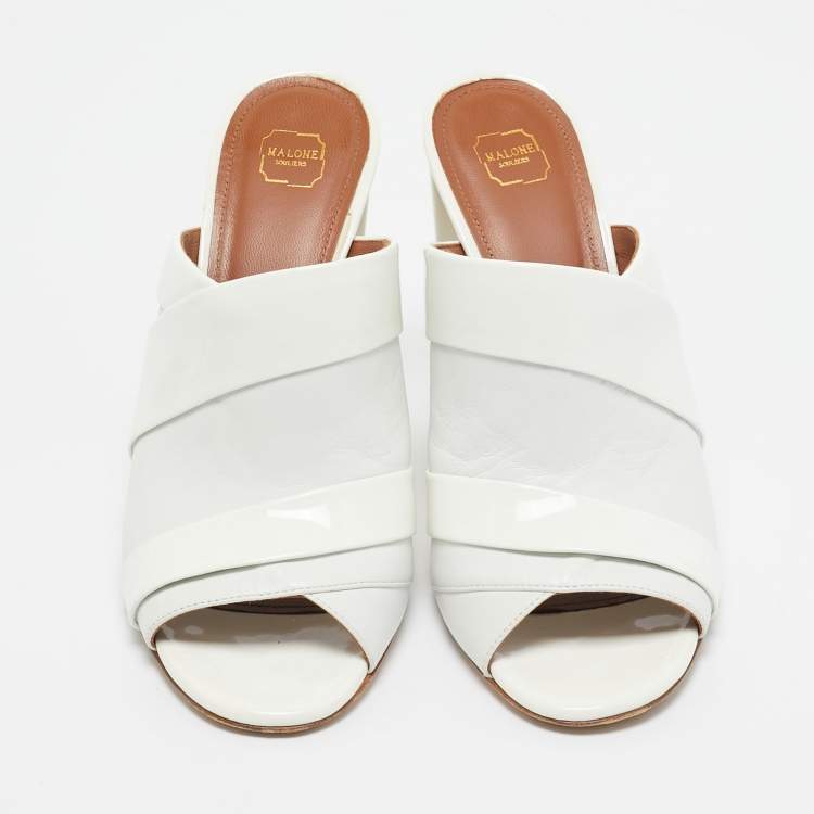 Pre Owned Malone Souliers White Leather and Patent Slide Sandals Size 39