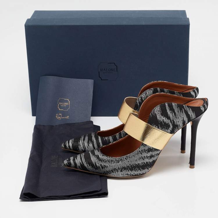 Pre Owned Malone Souliers Black/Gold Lurex Fabric Maureen Mules Size 40