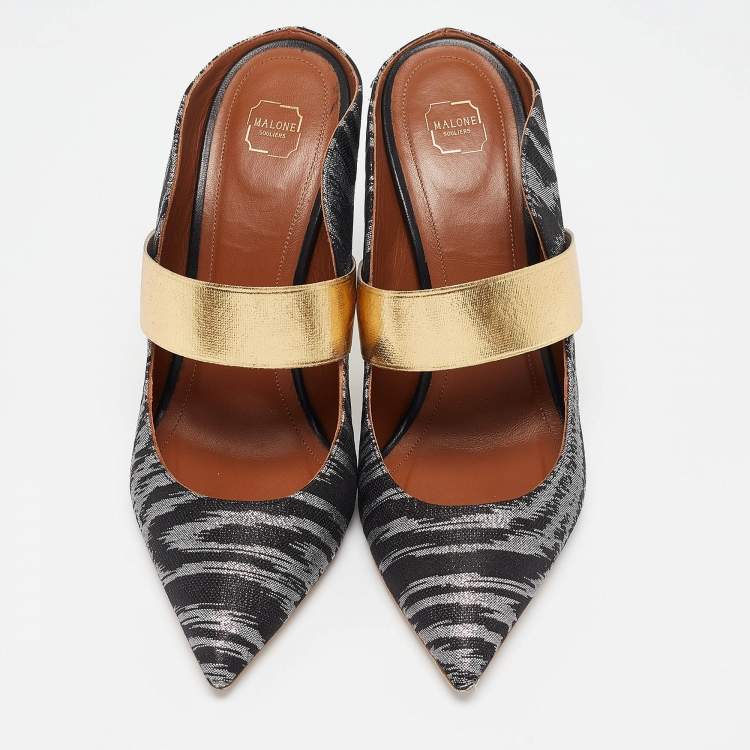 Pre Owned Malone Souliers Black/Gold Lurex Fabric Maureen Mules Size 40