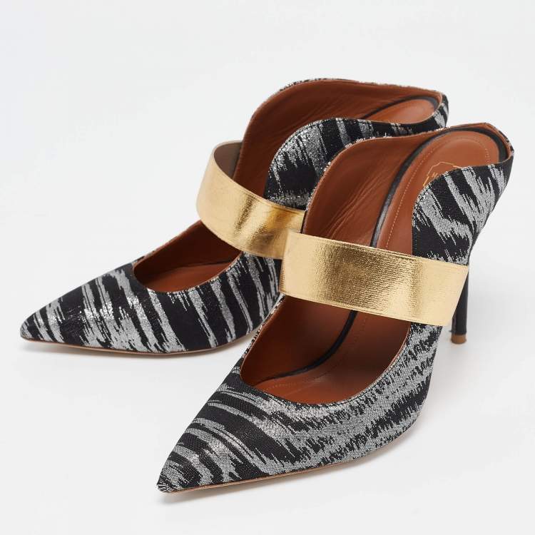 Pre Owned Malone Souliers Black/Gold Lurex Fabric Maureen Mules Size 40