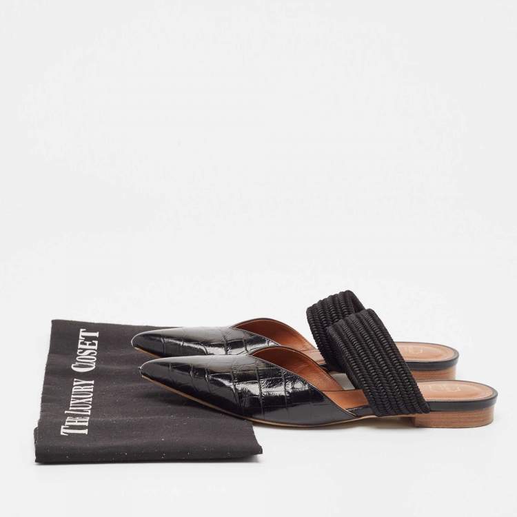 Pre Owned Malone Souliers Black Croc Embossed Leather Maisie Flat Mules Size 36.5