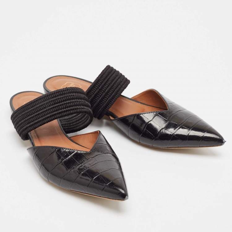 Pre Owned Malone Souliers Black Croc Embossed Leather Maisie Flat Mules Size 36.5
