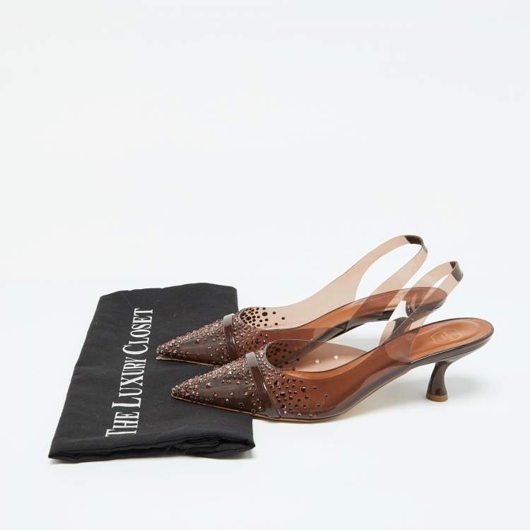 مملوكة مسبقًا Malone Souliers Brown PVC Crystal Embellished Juliet Slingback Pumps Size 36.5